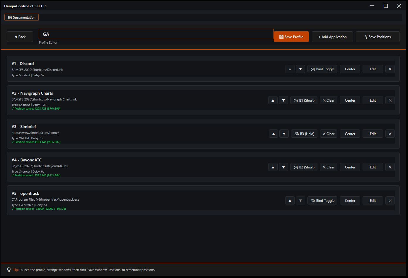 App Hangar profile editor showing five applications with custom delays and saved window positions