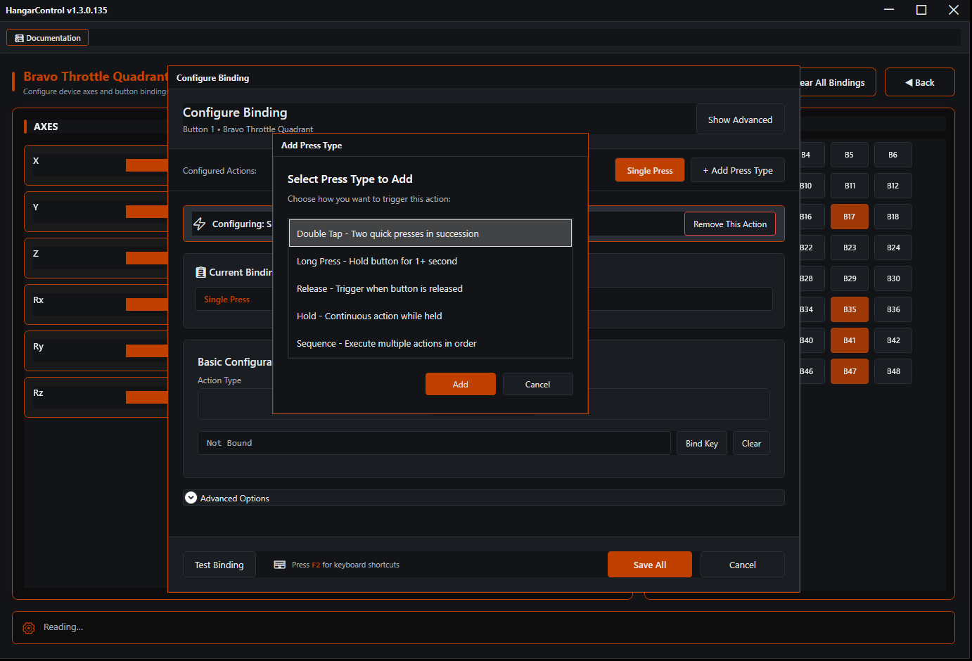 Advanced binding dialog showing press type selection with multiple trigger options