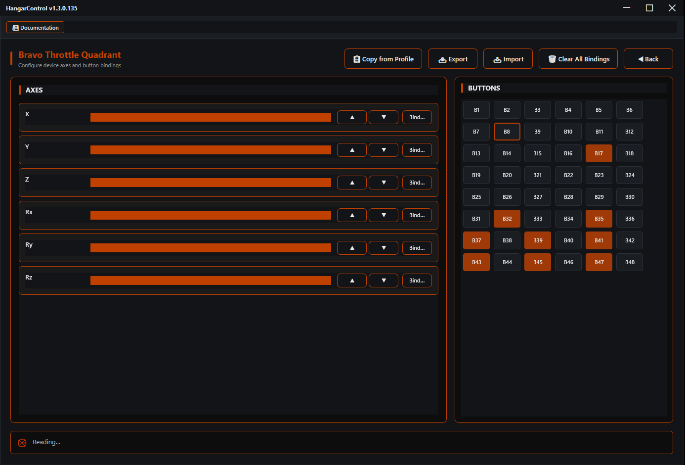 Device configuration showing Bravo Throttle Quadrant with axes and button grid