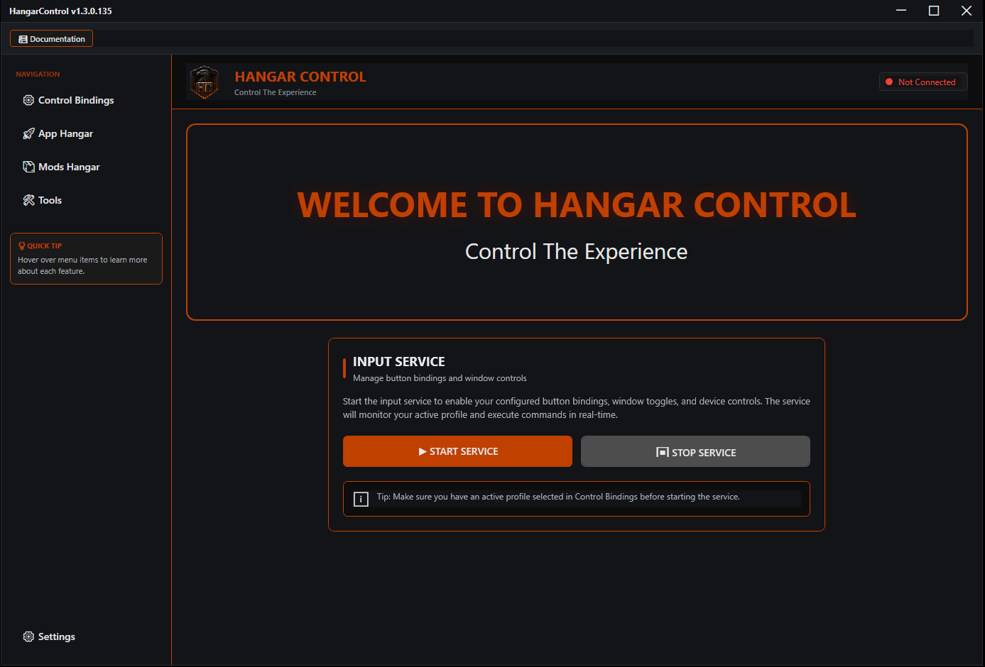 Hangar Control UI screenshot