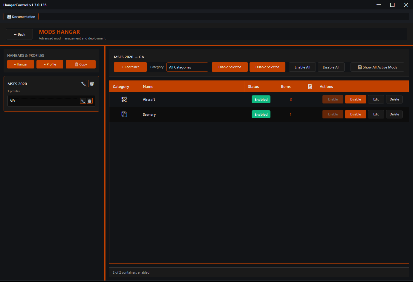 Mods Hangar showing Aircraft and Scenery containers with enable/disable status