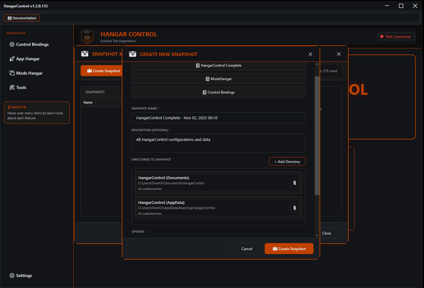 Snapshot Manager showing create new snapshot dialog with preset directories