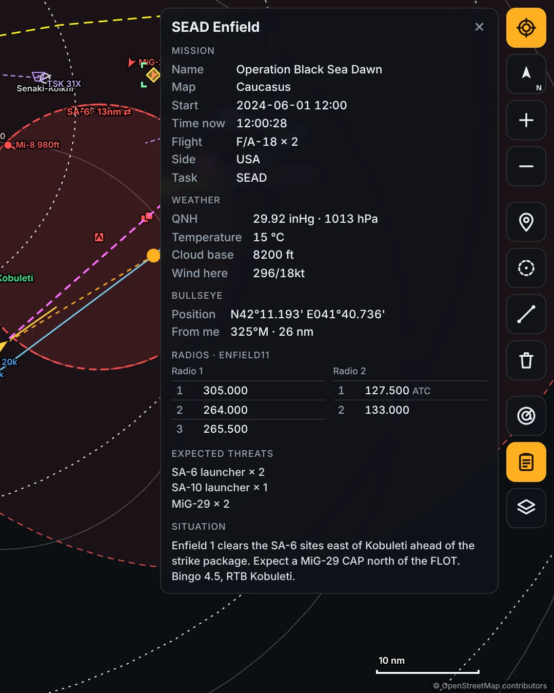 Briefing panel with mission, weather, QNH, bullseye, radio presets and expected threats