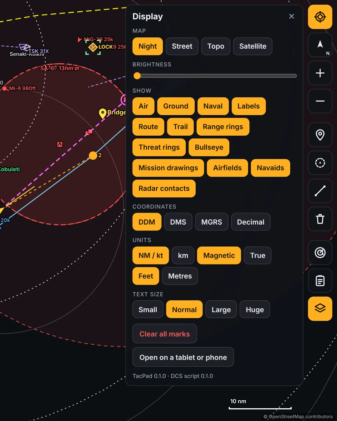 Display menu with map style, layers, coordinates, units and text size