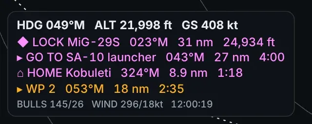 TacPad HUD with heading, altitude, speed, lock, go to, home, next waypoint, bullseye, wind and mission time