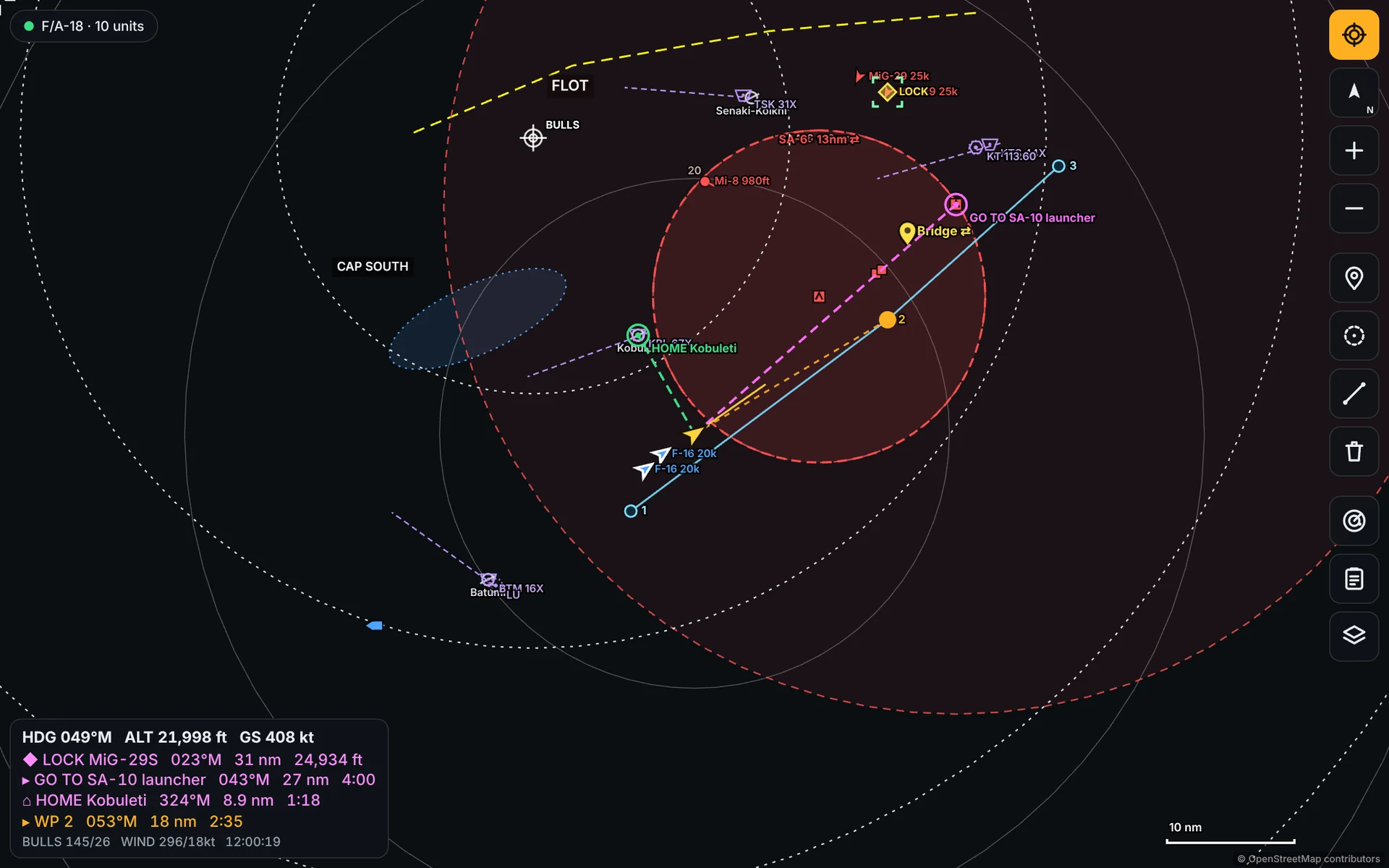 TacPad live map: your jet, route, SAM threat rings, bullseye, a locked MiG-29 and the HUD